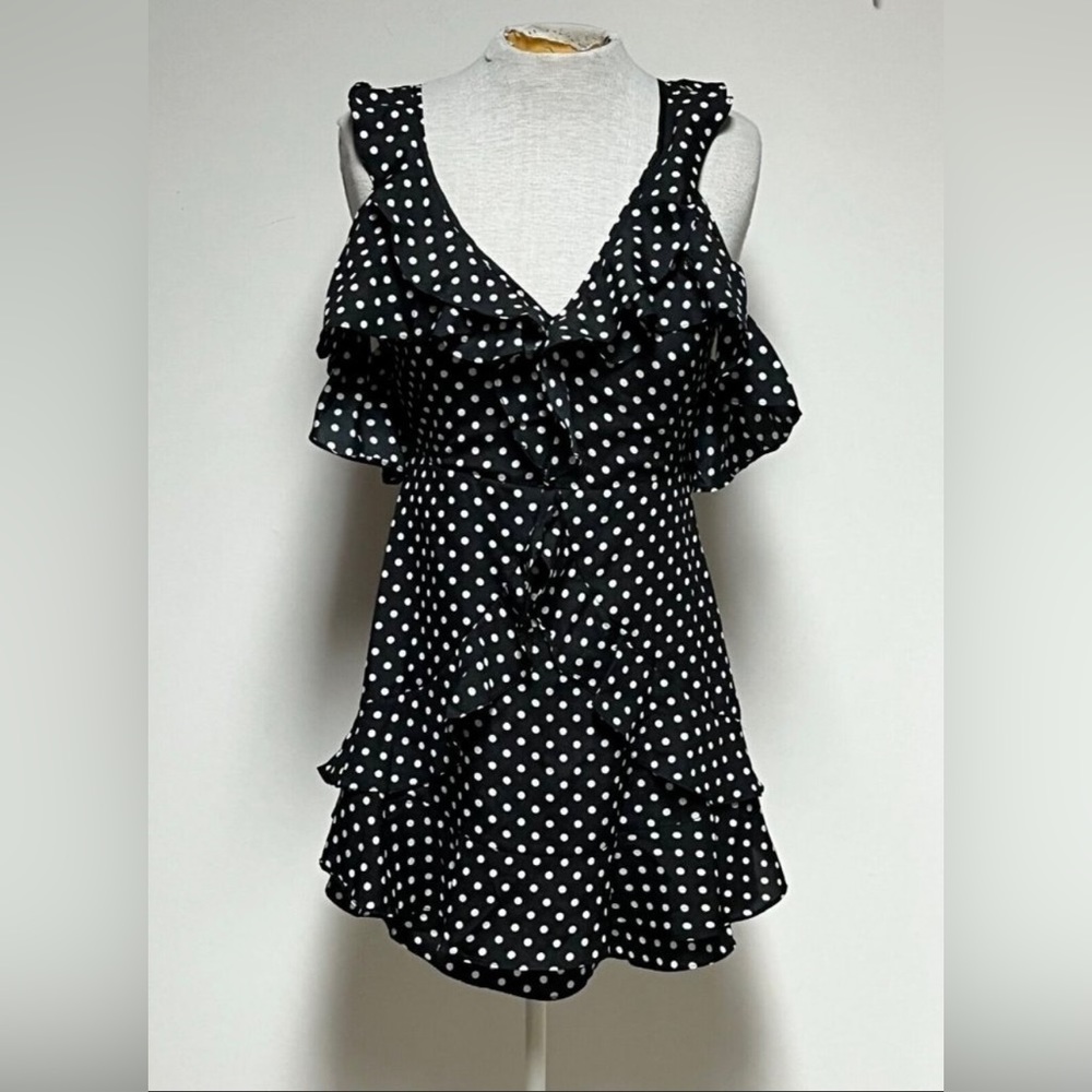 Black White Polka Dot Mini Sundress Women's Size 10 Ruffles Tie Up Back Summer